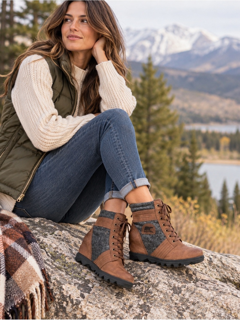 SOREL Lexie Wedge Leather Felt Lace Up Boots Brown Gray Sz 8